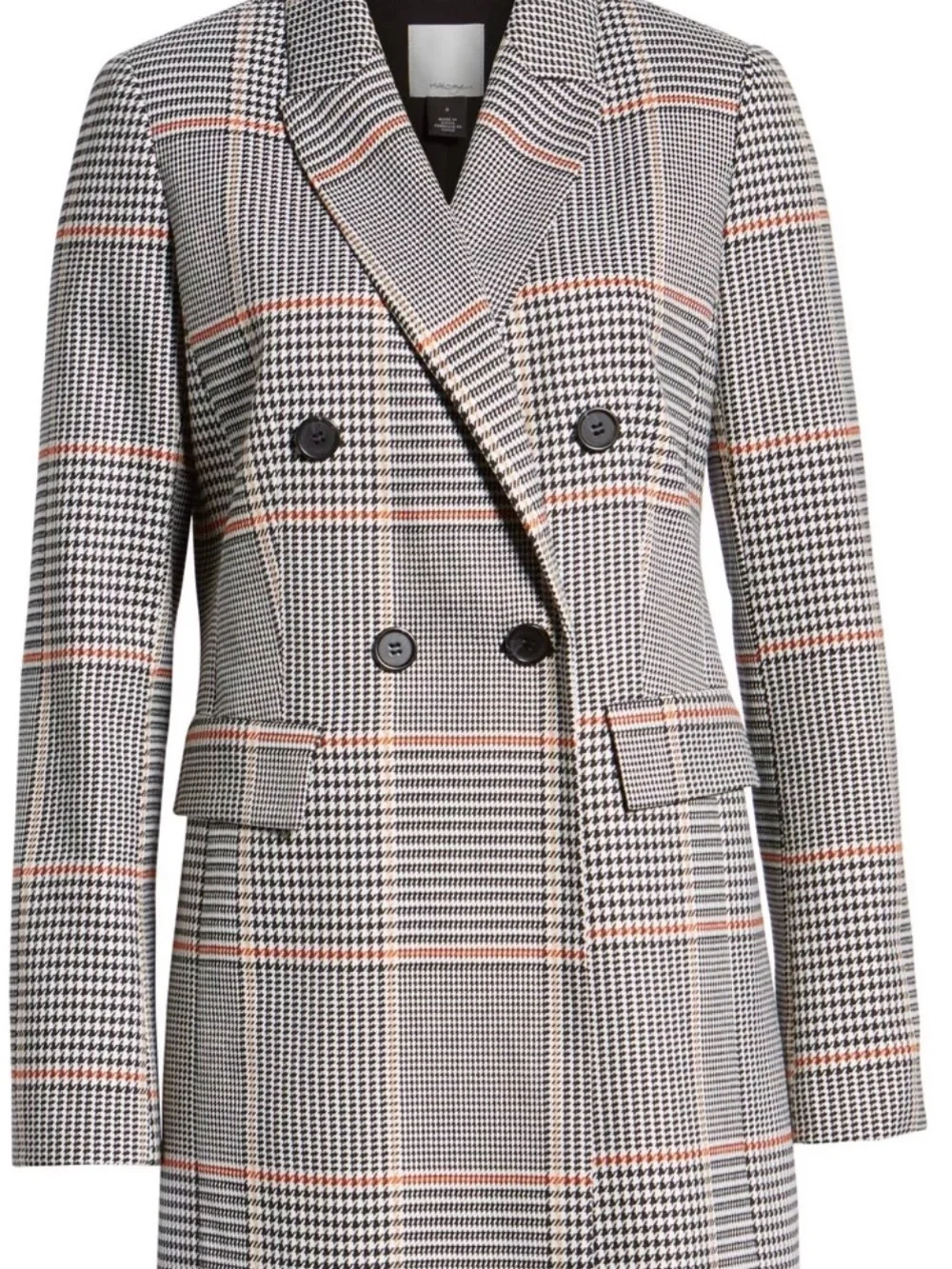 Halogen Black & Gray Plaid Double-Breasted Blazer with Brown Accent